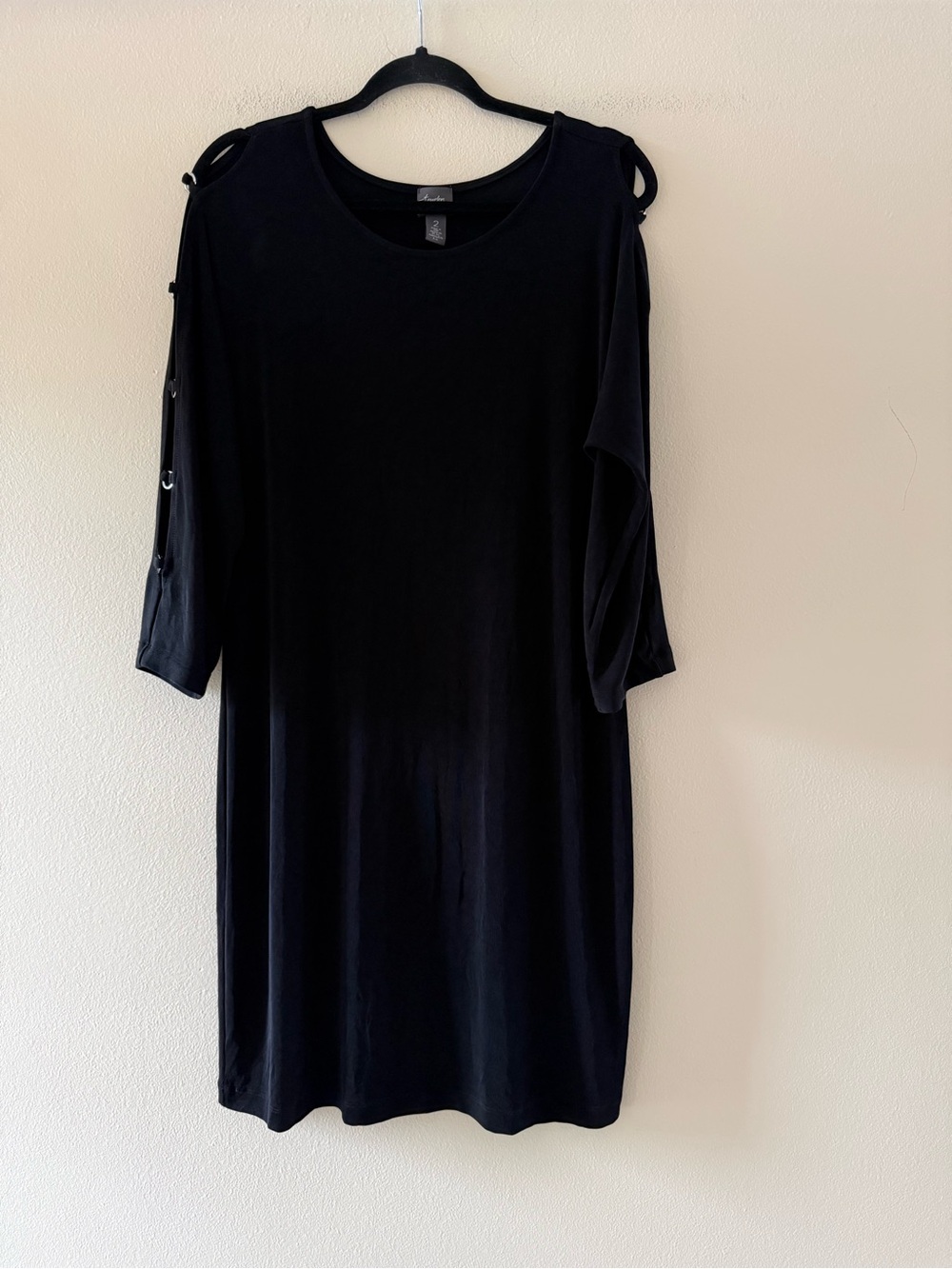 Chico’s Travelers Black Cold-Shoulder Midi Dress with Ring Strap Detail